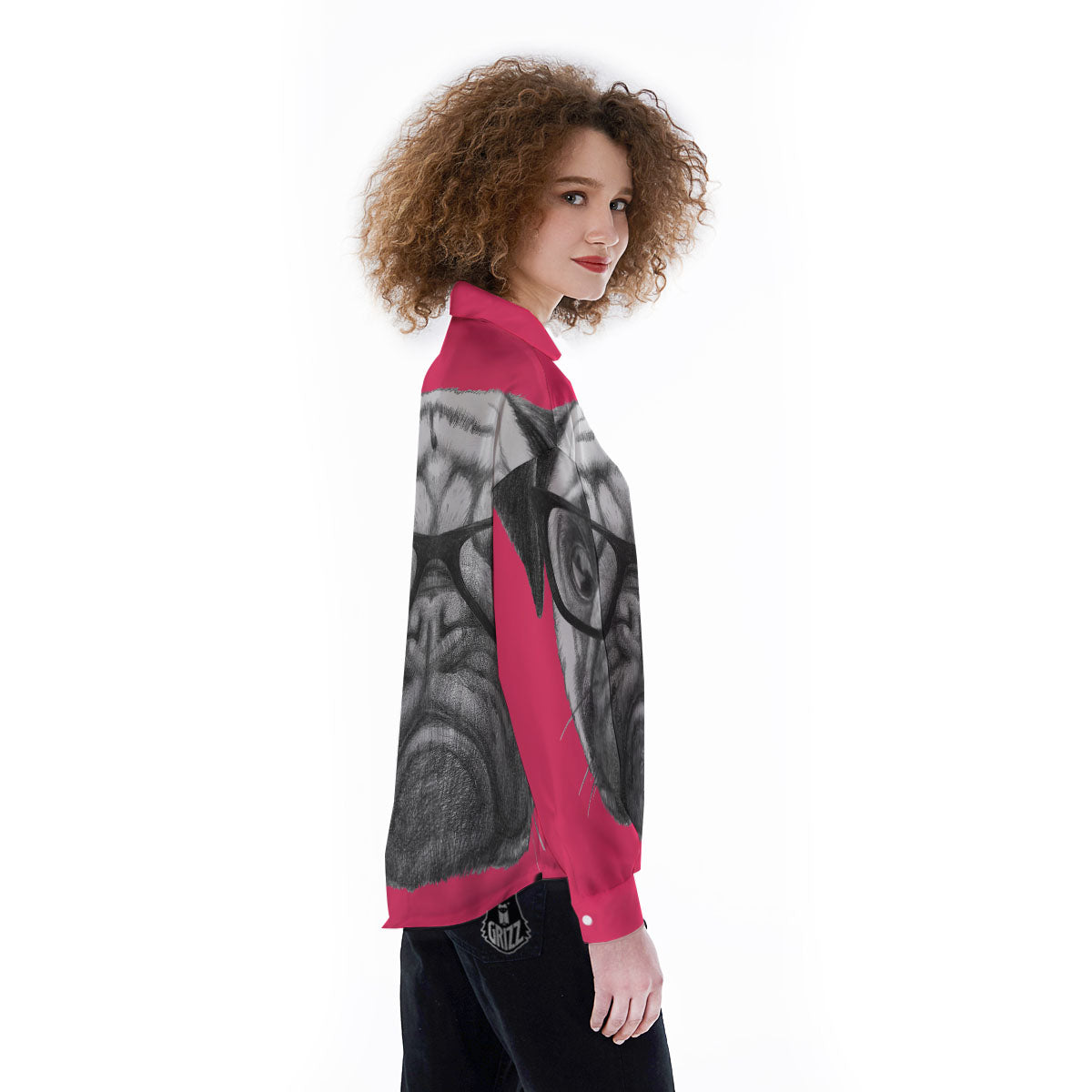 Glasses Pug Portrait Print Women's Long Sleeve Shirts-grizzshop