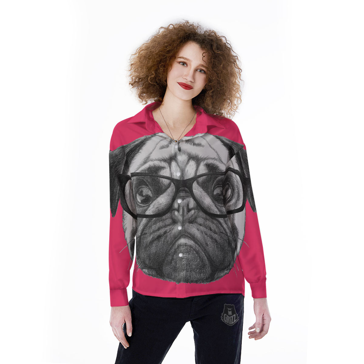 Glasses Pug Portrait Print Women's Long Sleeve Shirts-grizzshop