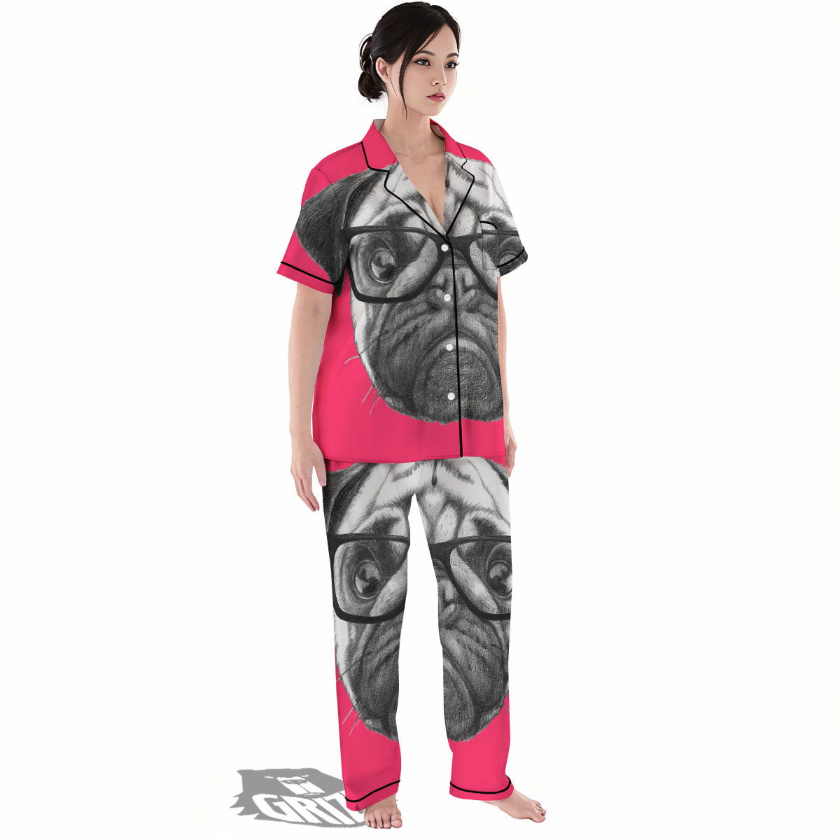 Glasses Pug Portrait Print Women's Pajamas Set-grizzshop