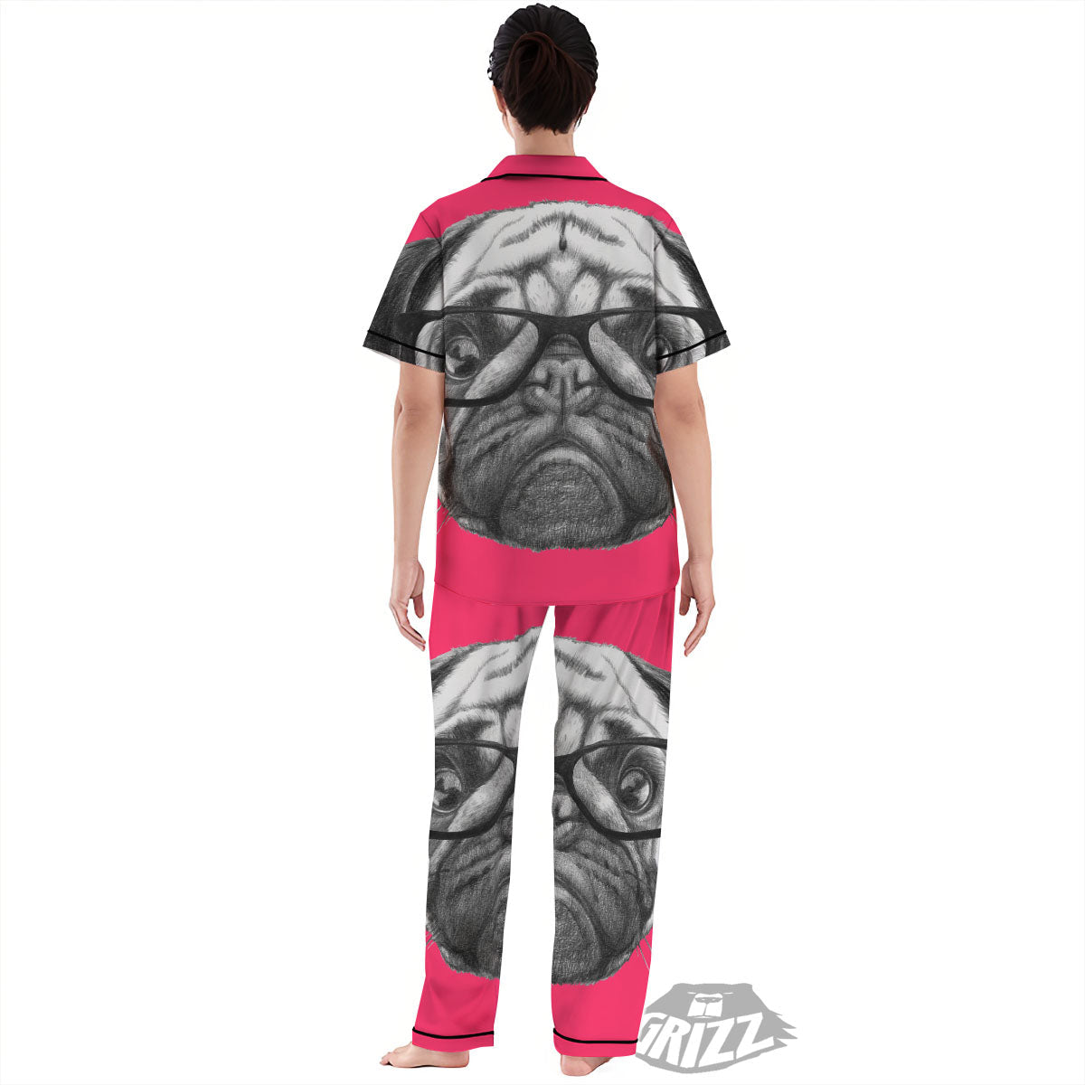 Glasses Pug Portrait Print Women's Pajamas Set-grizzshop