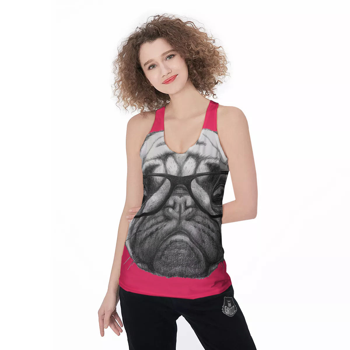 Glasses Pug Portrait Print Women's Racerback Tank Top-grizzshop