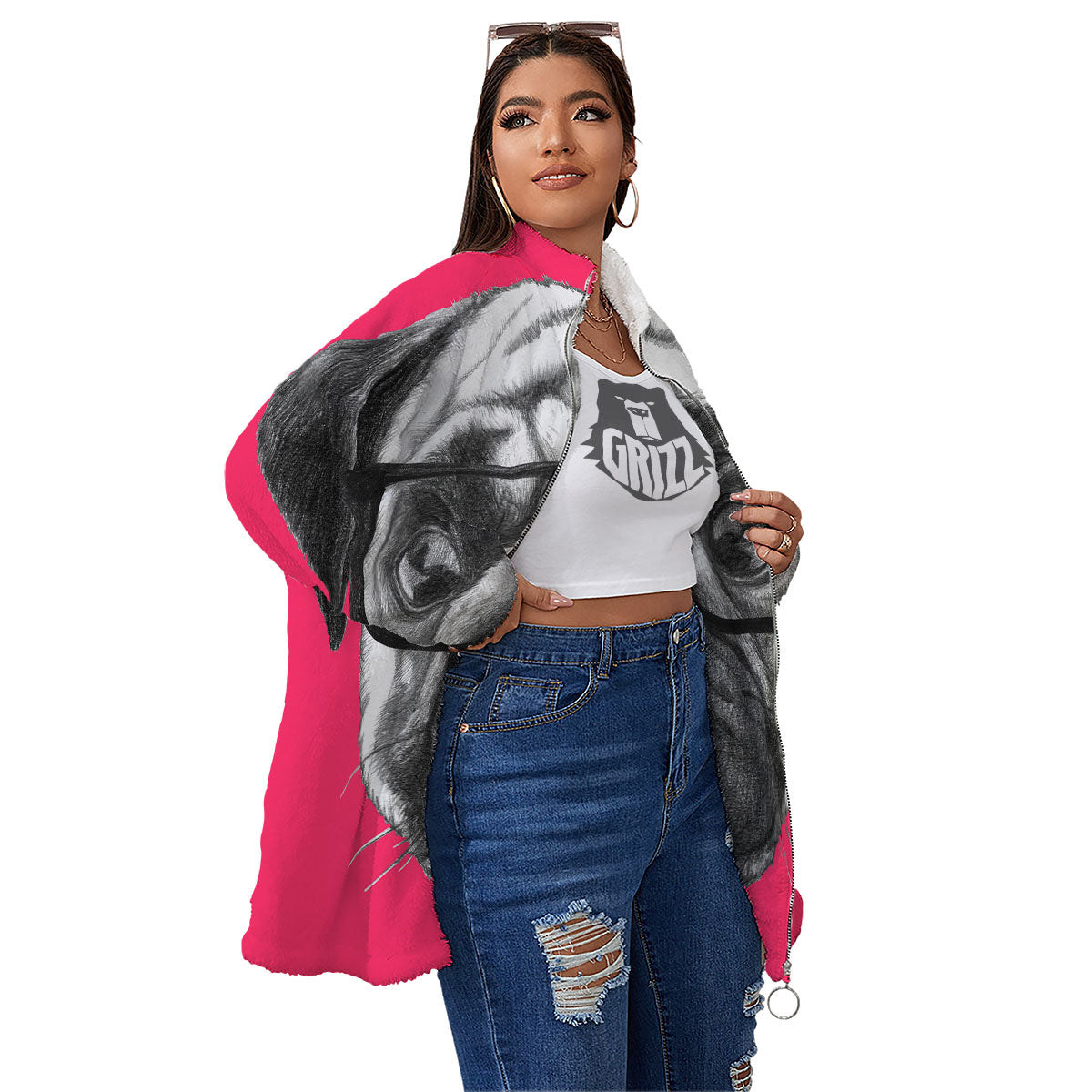 Glasses Pug Portrait Print Women's Sherpa Jacket-grizzshop