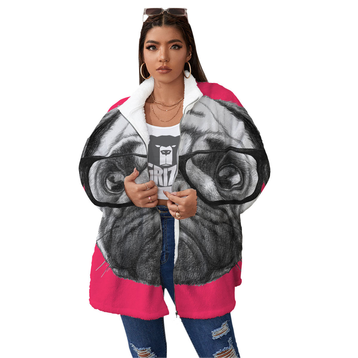 Glasses Pug Portrait Print Women's Sherpa Jacket-grizzshop