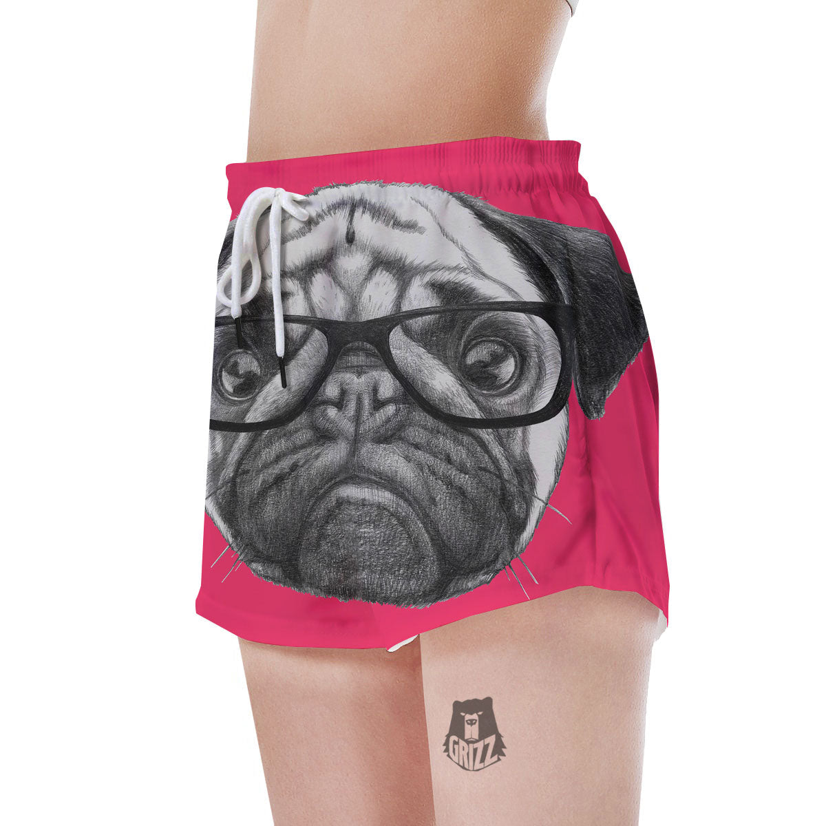 Glasses Pug Portrait Print Women's Shorts-grizzshop