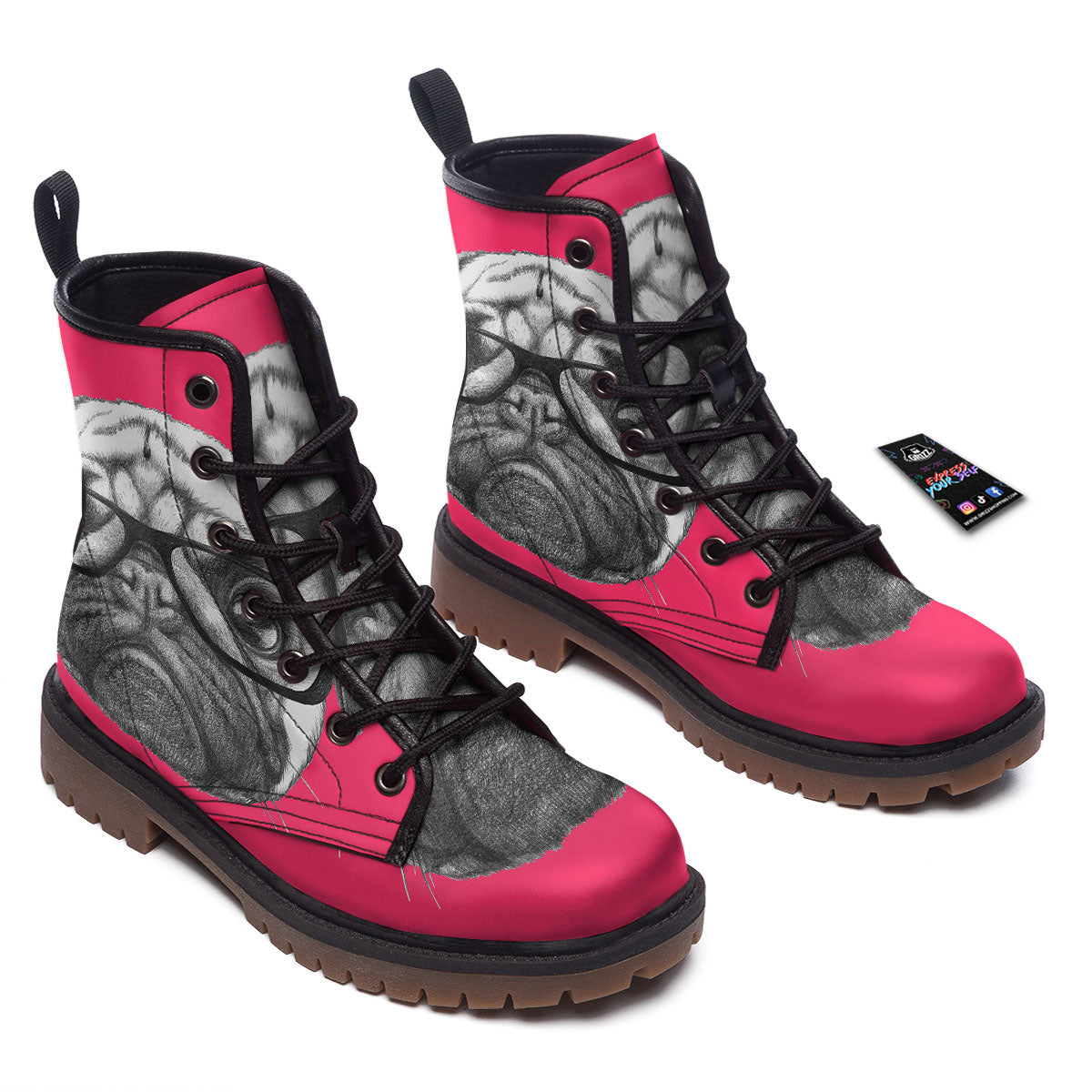Glasses Pug Portrait Print Work Boots-grizzshop