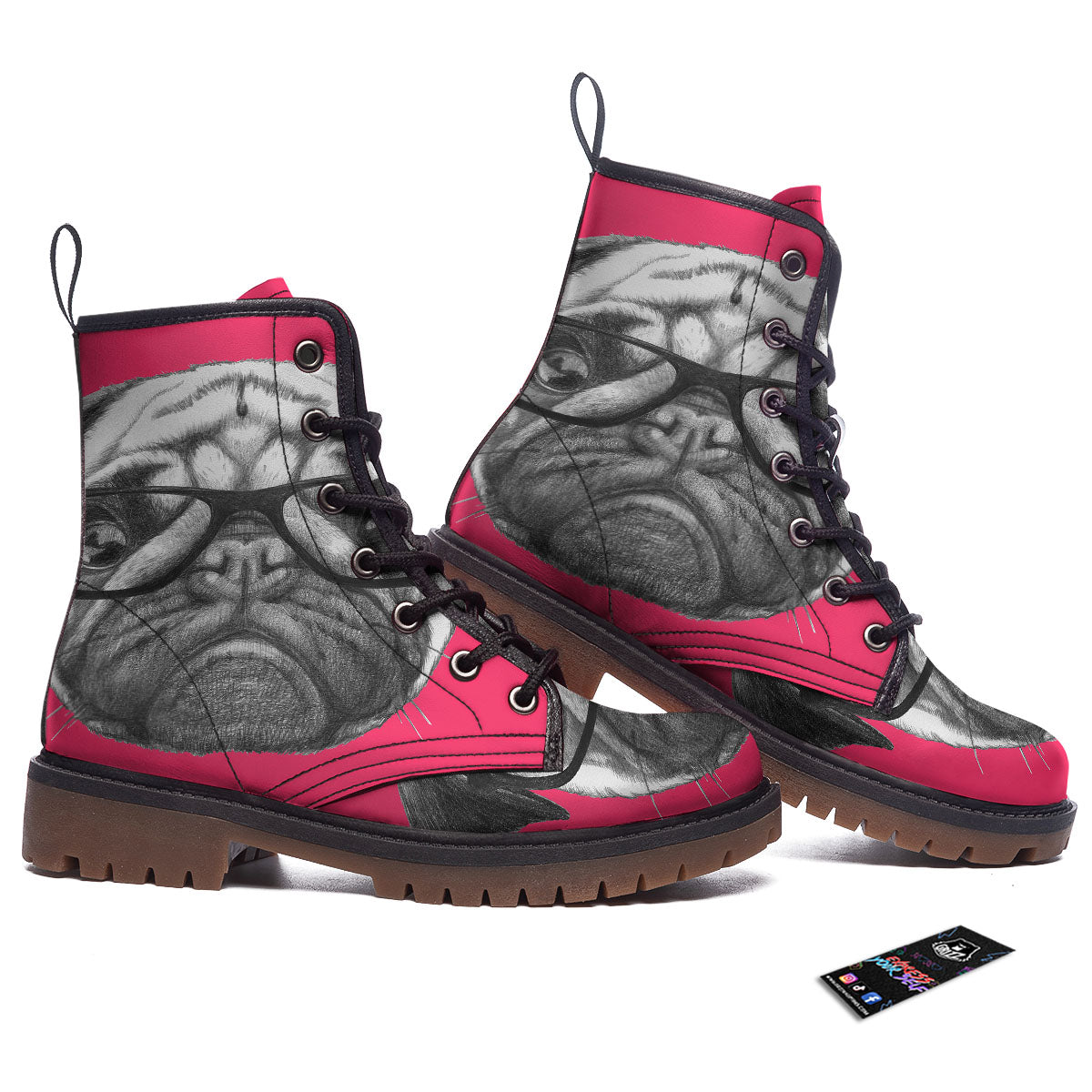 Glasses Pug Portrait Print Work Boots-grizzshop
