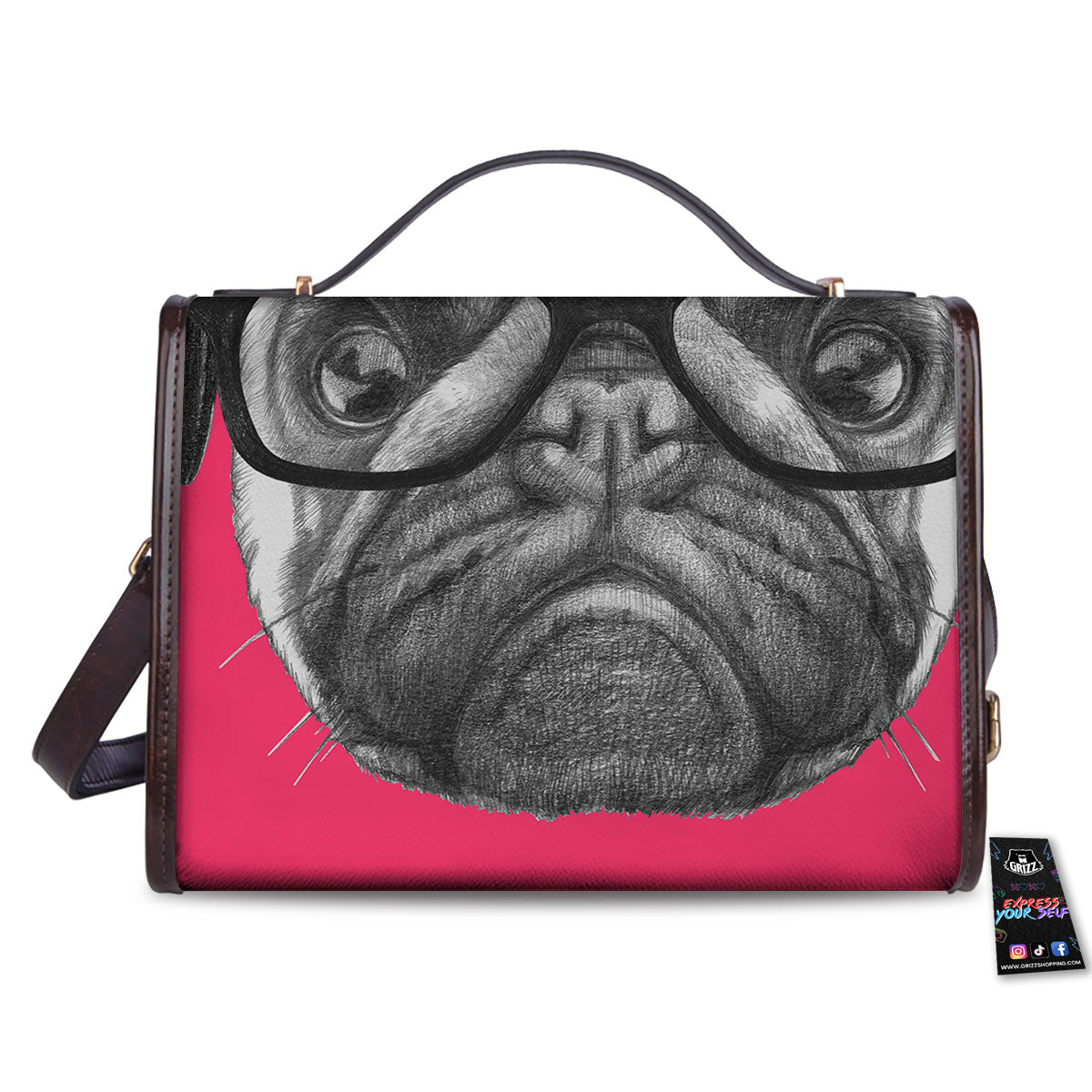 Glasses Pug Portrait Print Women's Satchel Bag