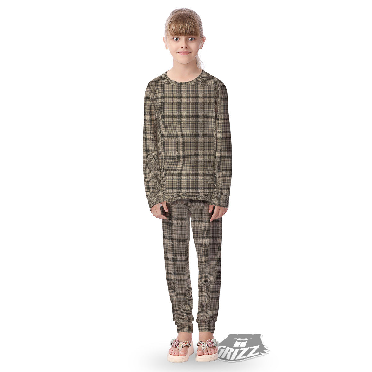Glen Plaid Beige And Brown Print Kid's Pajamas-grizzshop