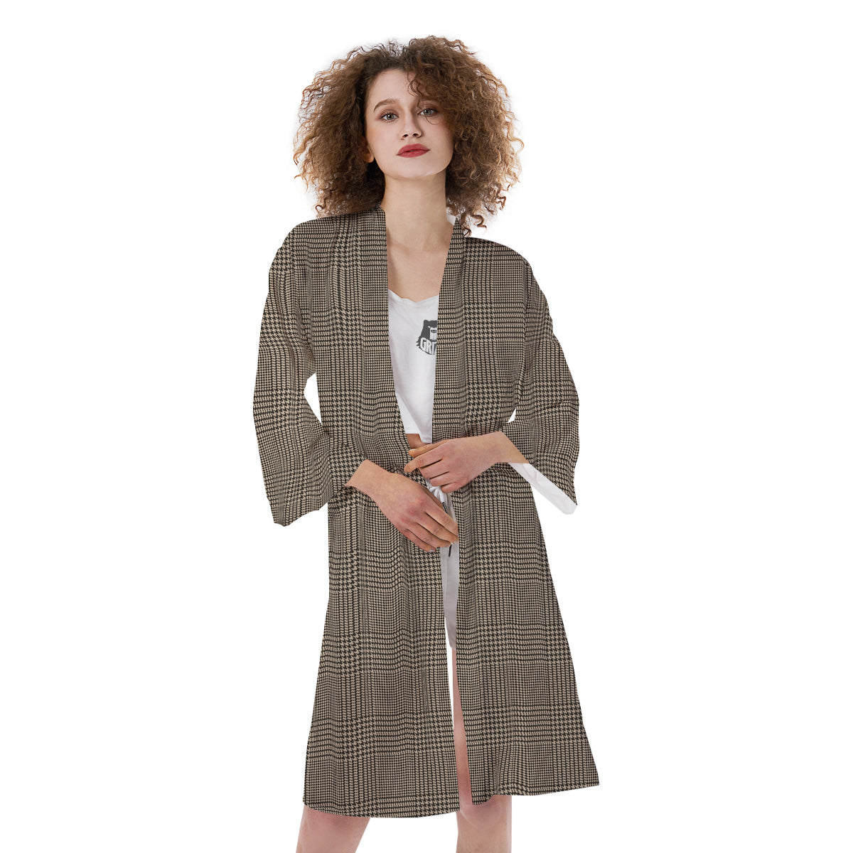 Glen Plaid Beige And Brown Print Kimono-grizzshop