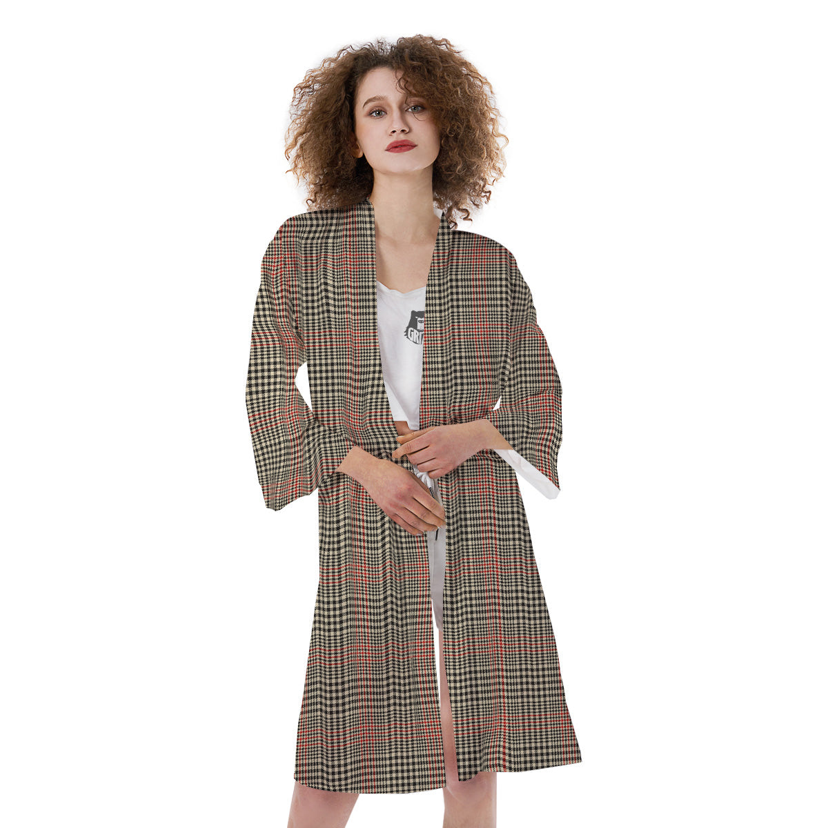 Glen Plaid Brown Beige Print Kimono-grizzshop