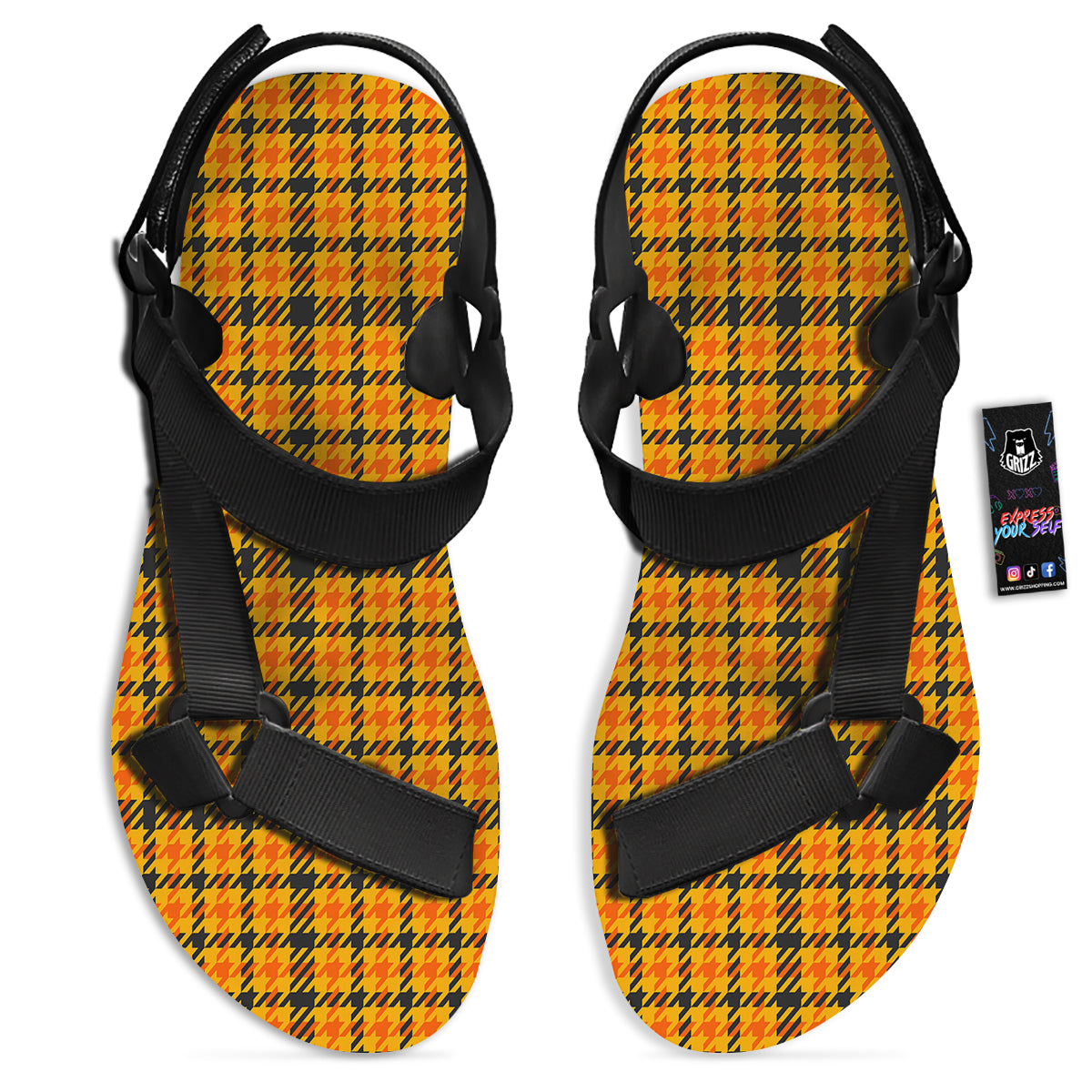 Glen Plaid Houndstooth Halloween Print Pattern Black Open Toe Sandals-grizzshop