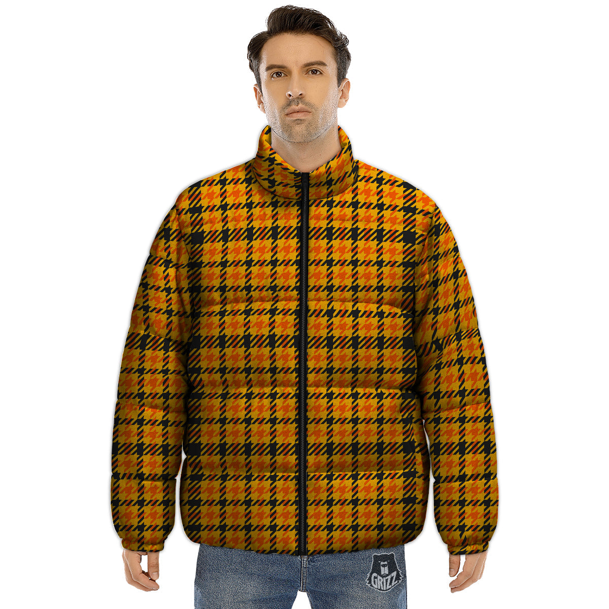 Glen Plaid Houndstooth Halloween Print Pattern Puffer Jacket-grizzshop