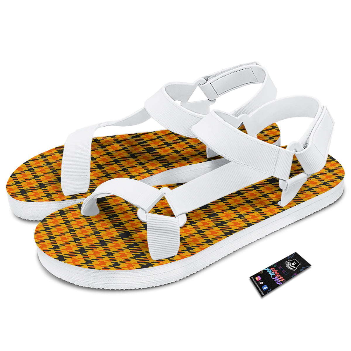 Glen Plaid Houndstooth Halloween Print Pattern White Open Toe Sandals-grizzshop