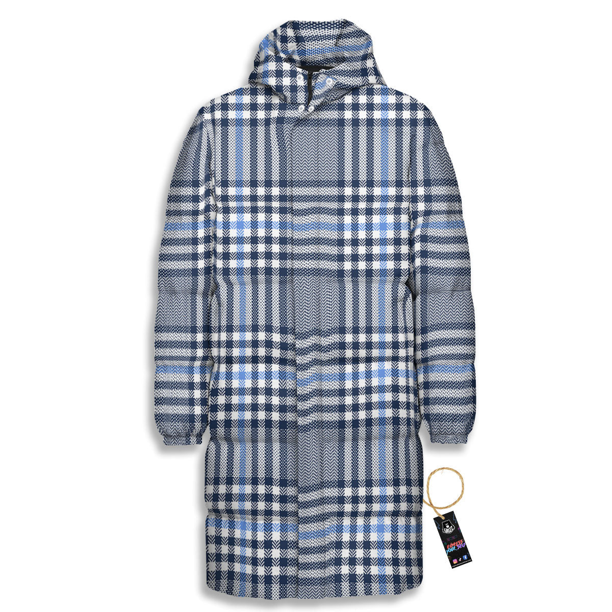 Glen Plaid White And Navy Print Long Down Jacket-grizzshop