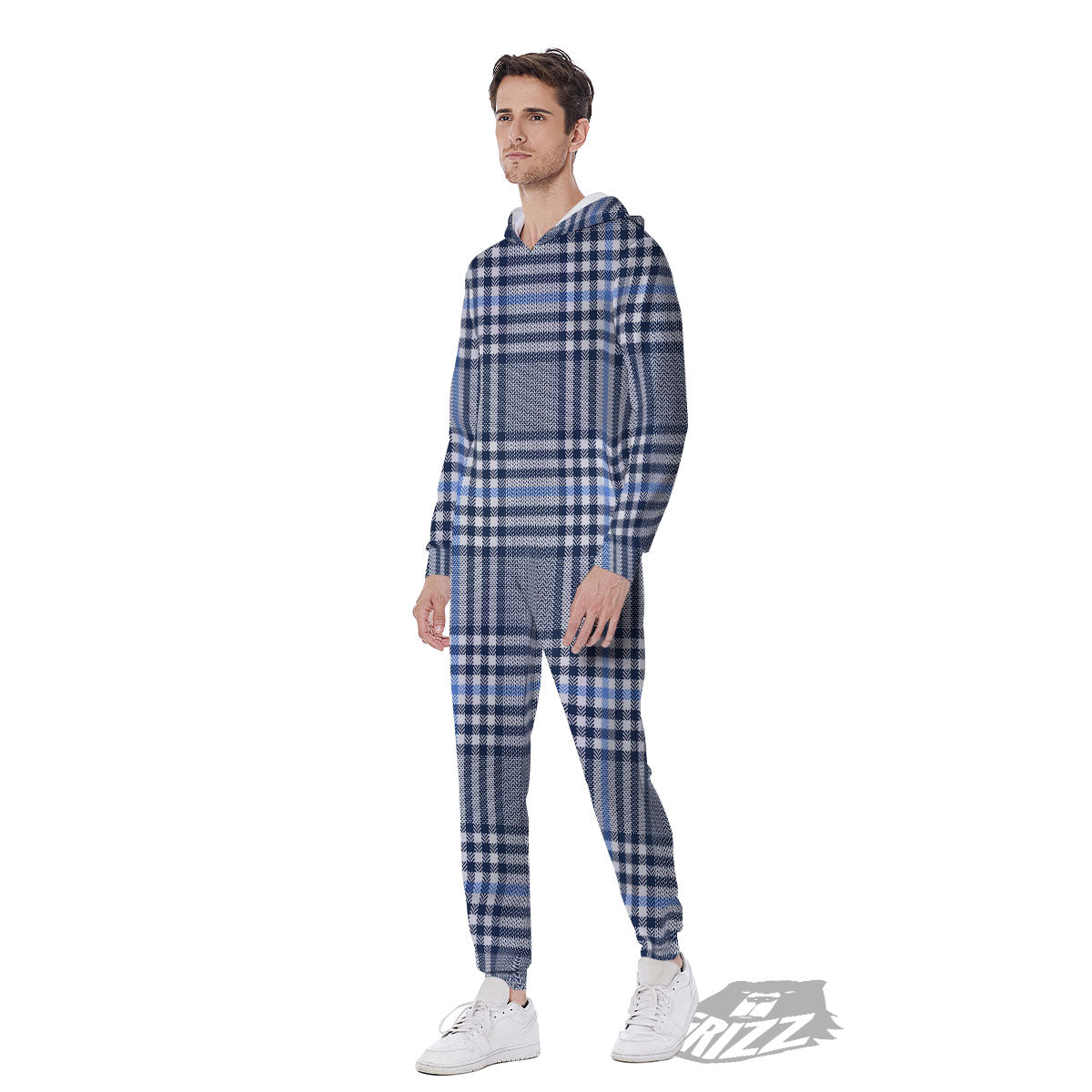 Glen Plaid White And Navy Print Men's Jumpsuit-grizzshop