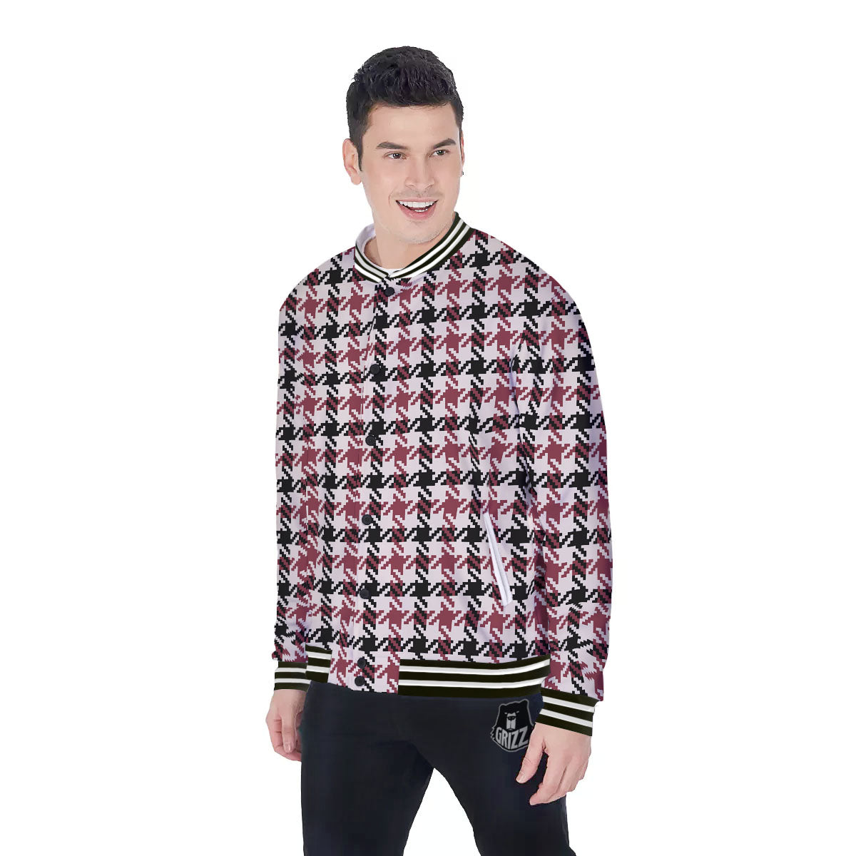 Glen Plaid White And Red Print Baseball Jacket-grizzshop
