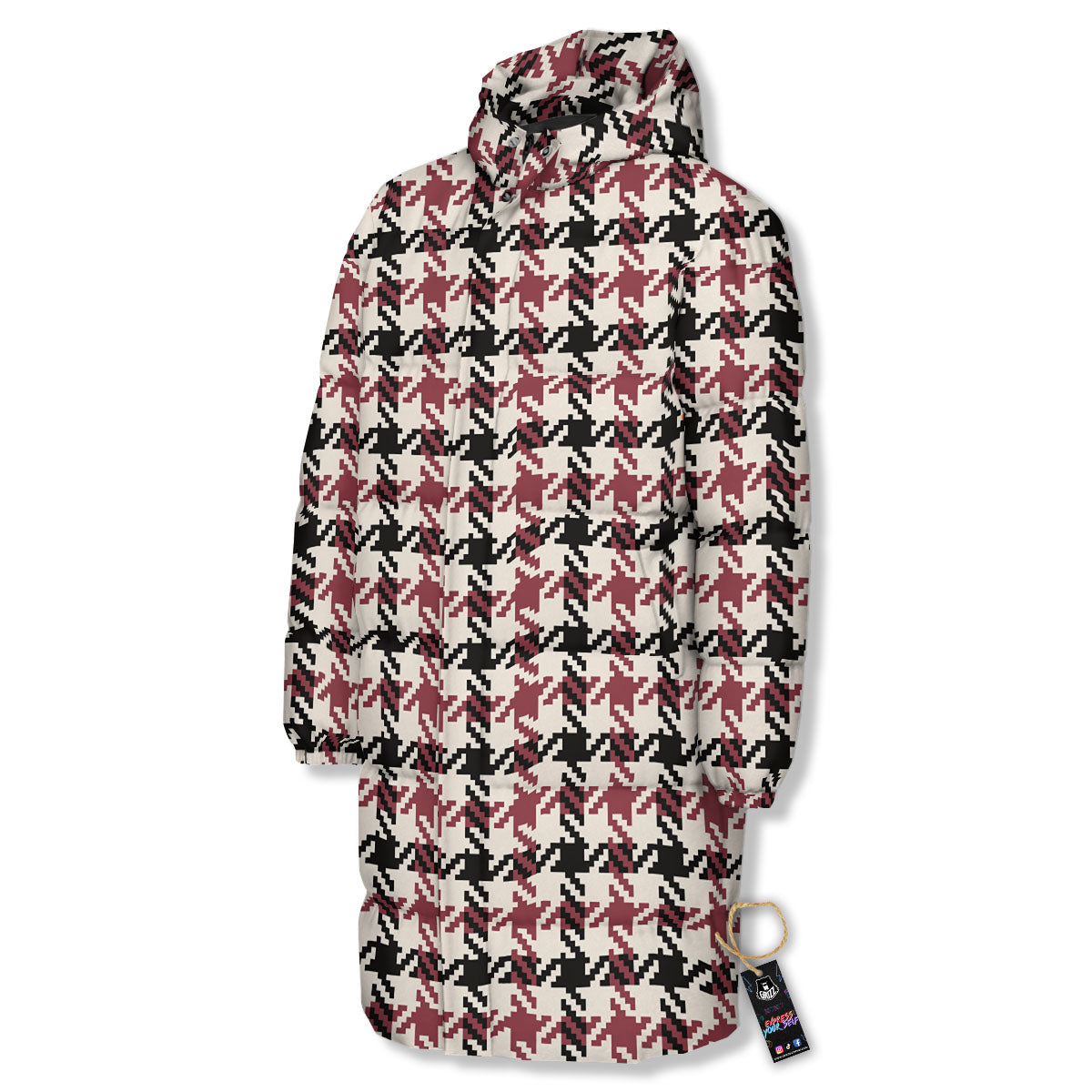 Glen Plaid White And Red Print Long Down Jacket-grizzshop