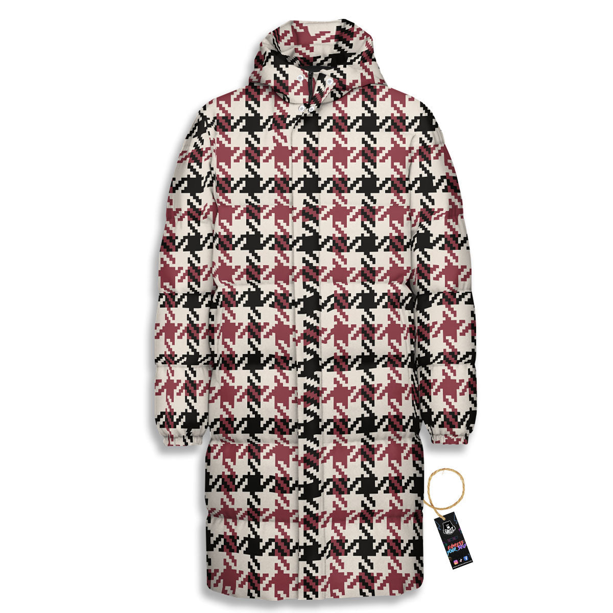 Glen Plaid White And Red Print Long Down Jacket-grizzshop