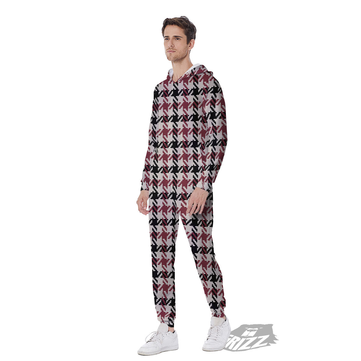 Glen Plaid White And Red Print Men's Jumpsuit-grizzshop