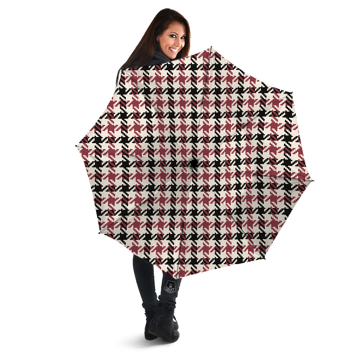 Glen Plaid White And Red Print Umbrella-grizzshop