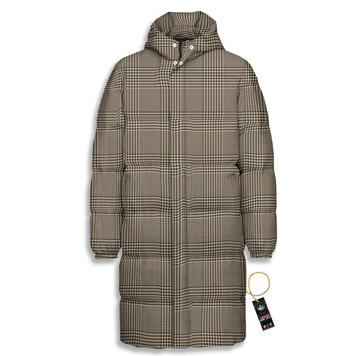 Glen Plaid Beige And Brown Print Long Down Jacket
