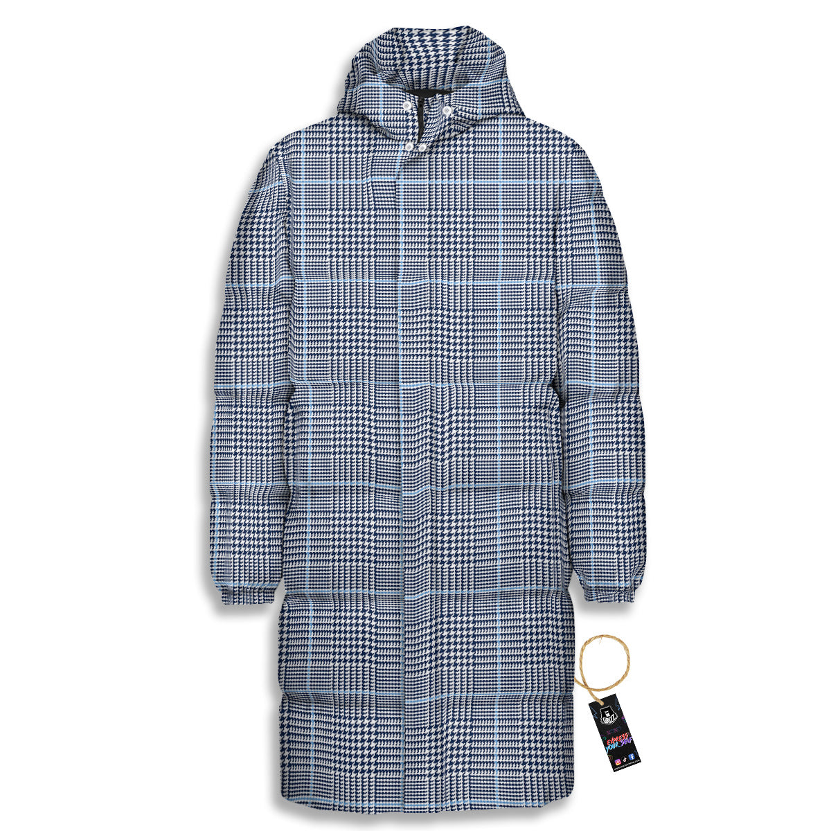 Glen Plaid White And Blue Print Long Down Jacket