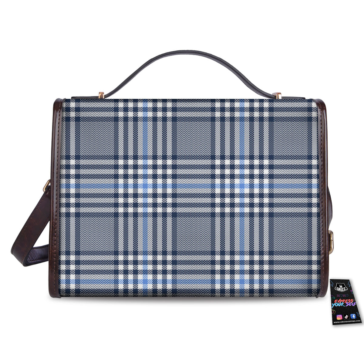 Glen Plaid White And Navy Print Women's Satchel Bag