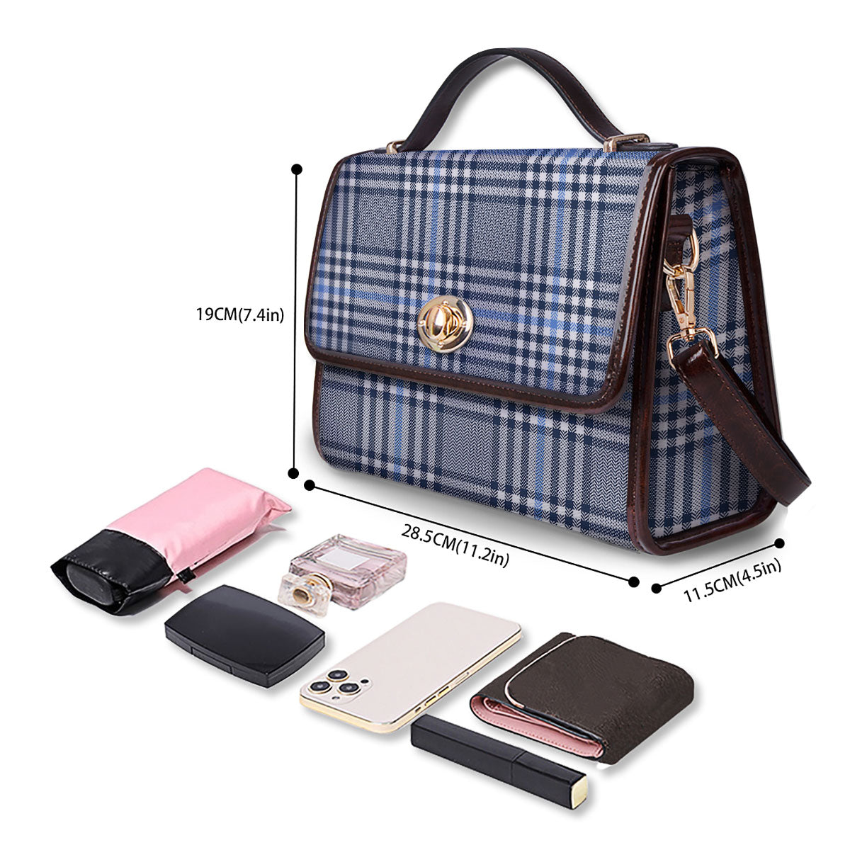 Glen Plaid White And Navy Print Women's Satchel Bag