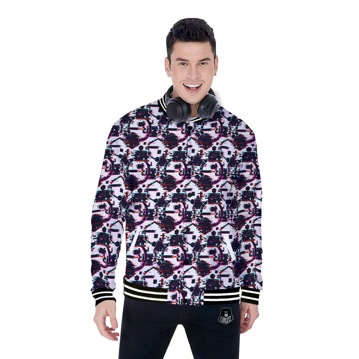 Glitch Effect Print Pattern Baseball Jacket-grizzshop