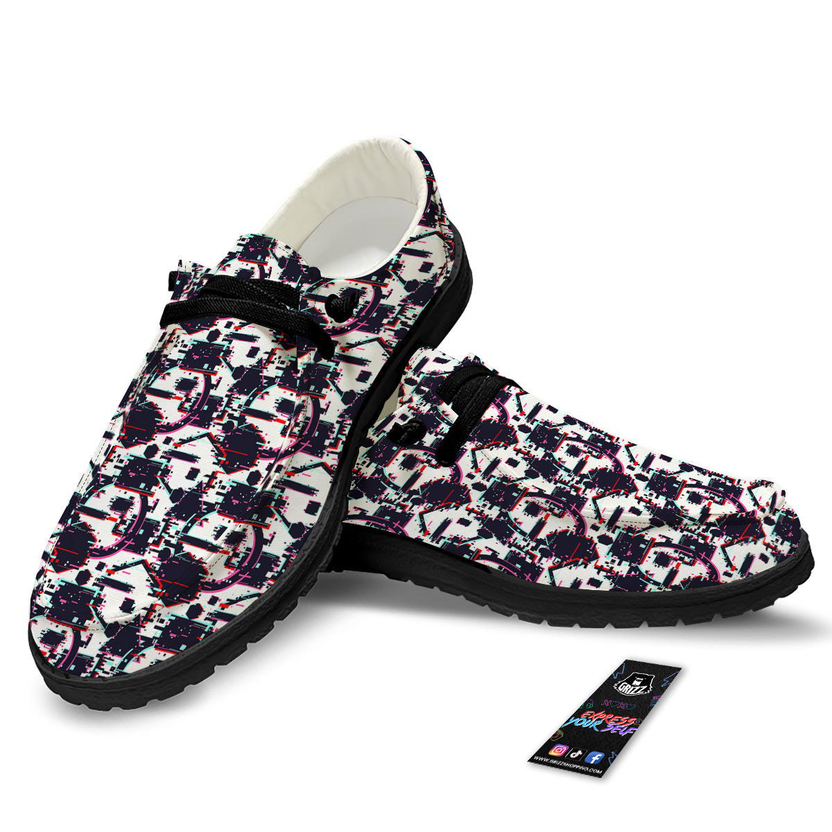 Glitch Effect Print Pattern Black Loafers-grizzshop