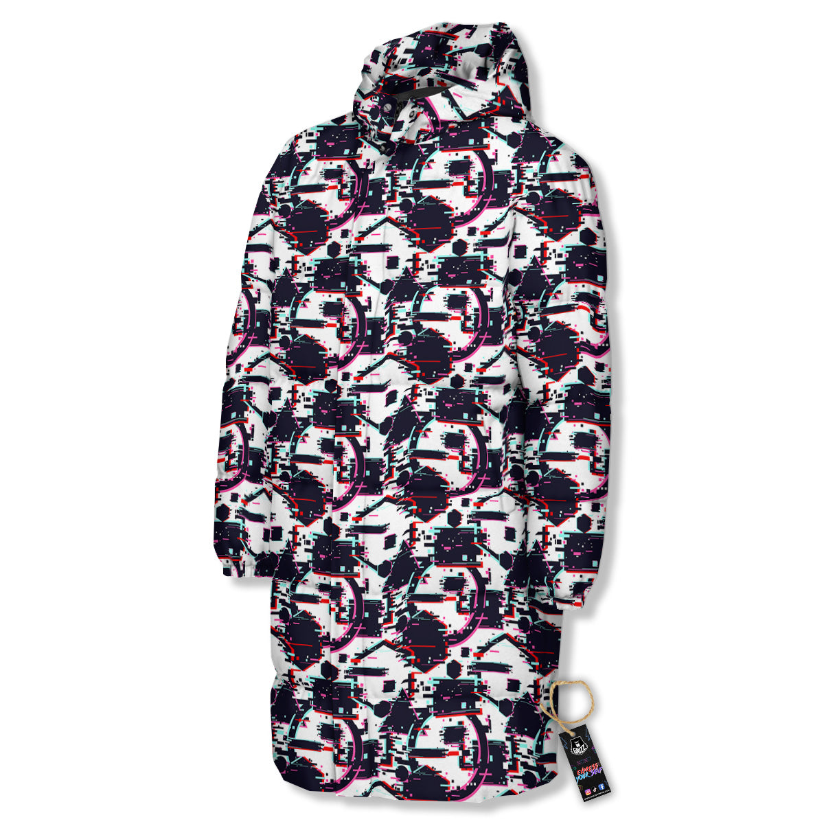 Glitch Effect Print Pattern Long Down Jacket-grizzshop