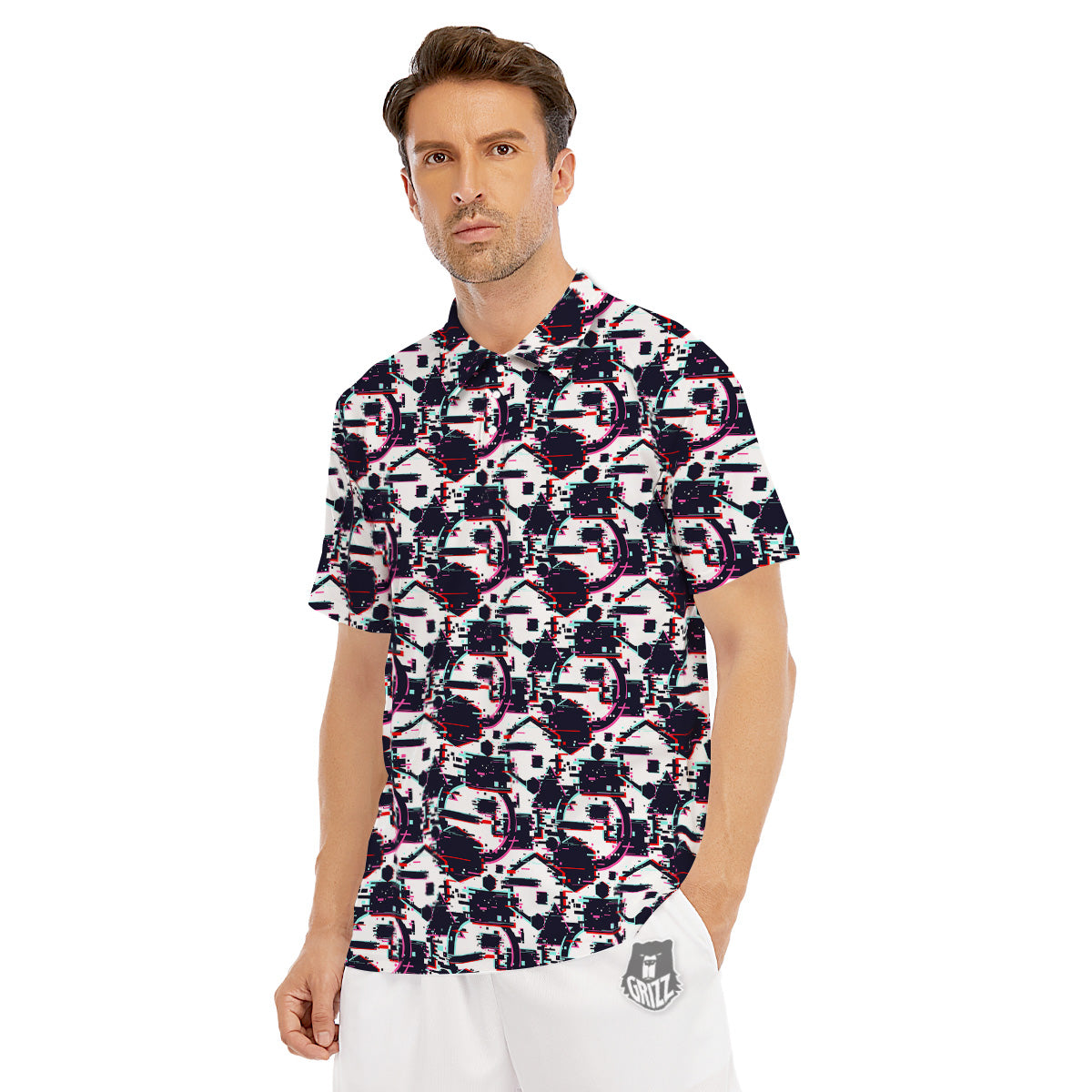 Glitch Effect Print Pattern Men's Golf Shirts-grizzshop