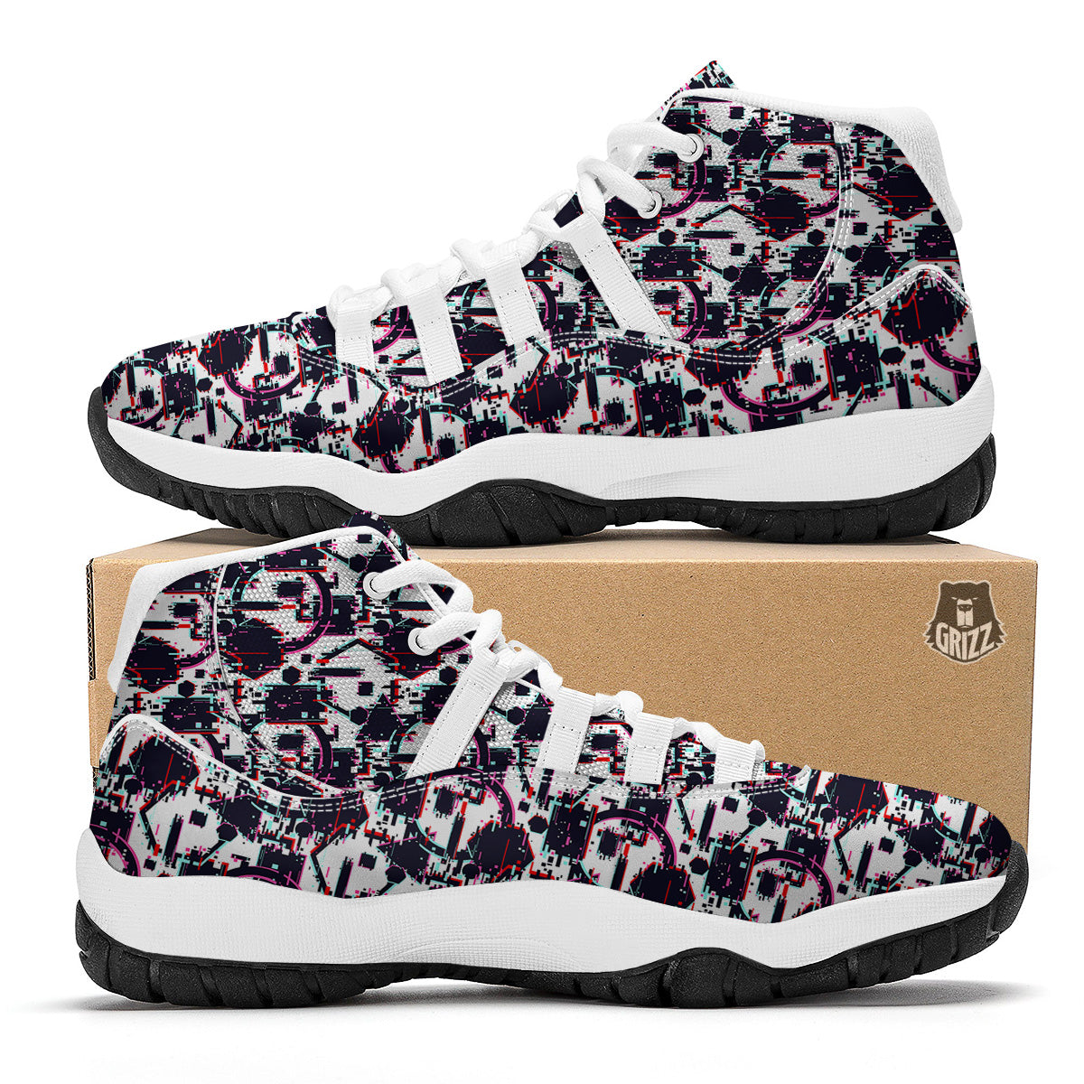 Glitch Effect Print Pattern White Bball Shoes-grizzshop