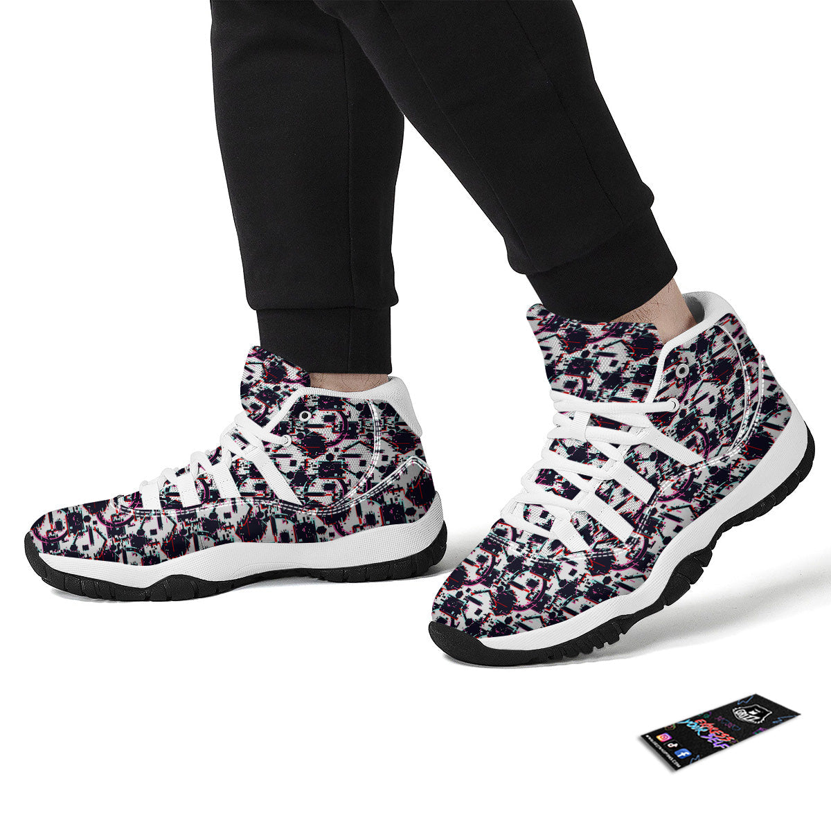 Glitch Effect Print Pattern White Bball Shoes-grizzshop