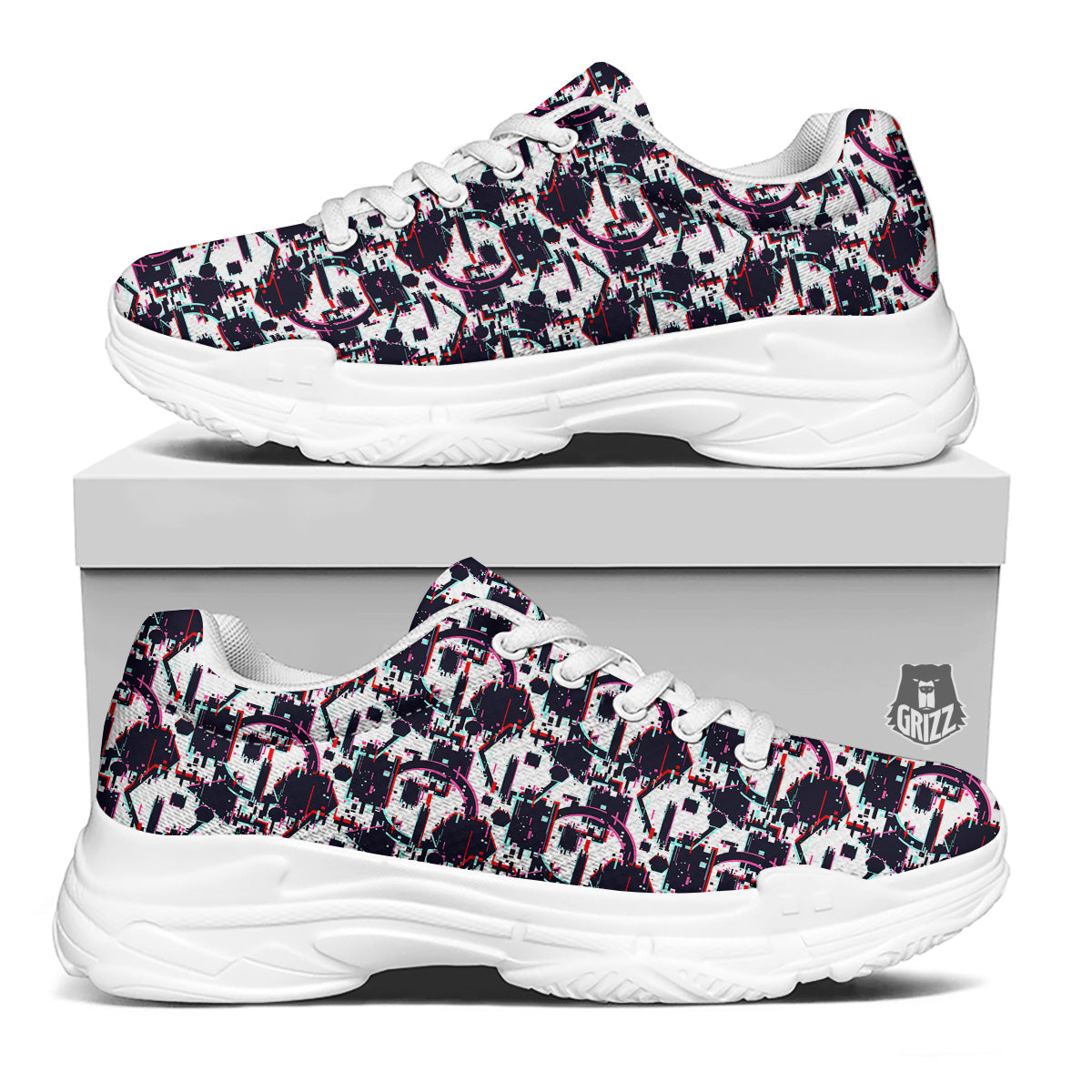 Glitch Effect Print Pattern White Chunky Shoes-grizzshop