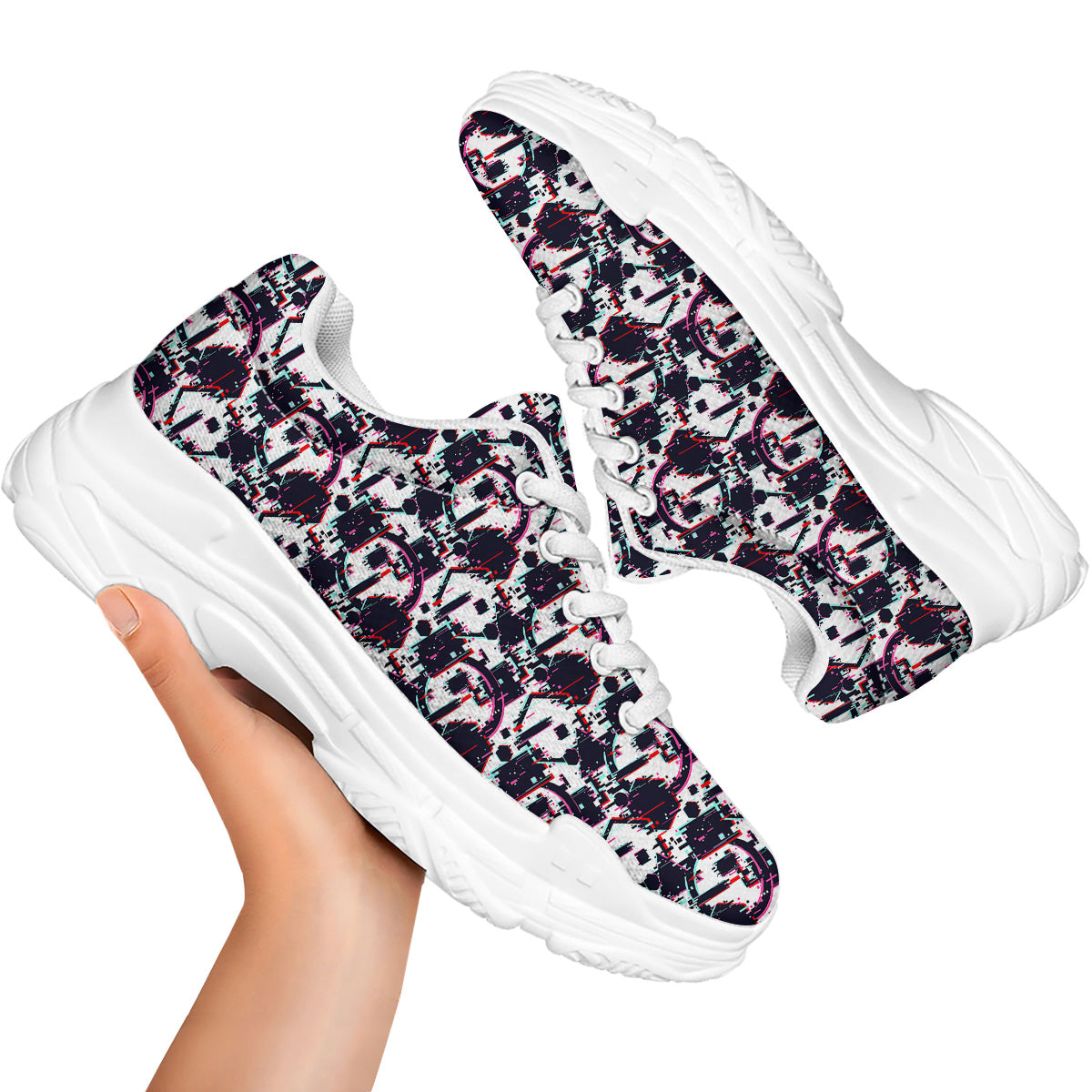 Glitch Effect Print Pattern White Chunky Shoes-grizzshop