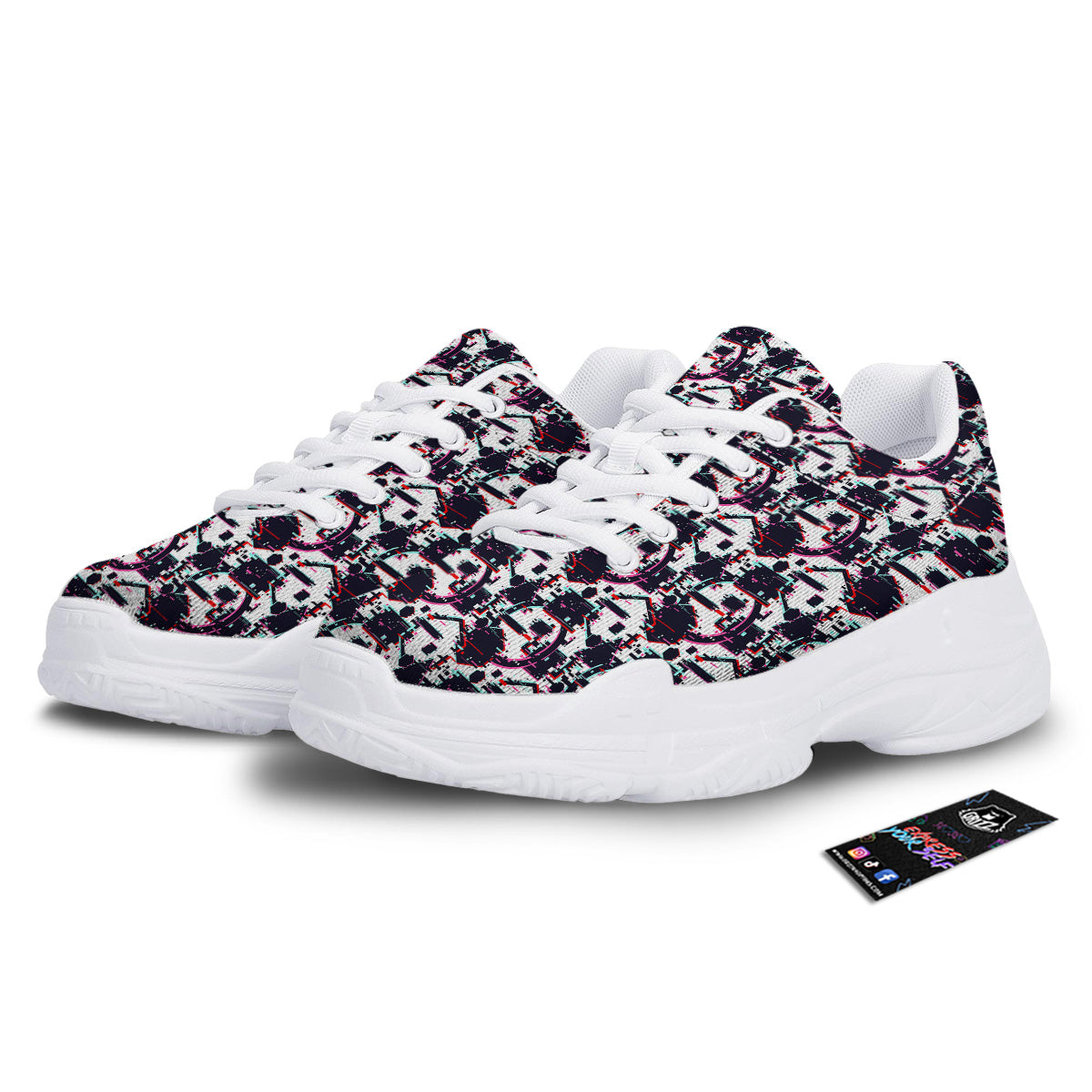 Glitch Effect Print Pattern White Chunky Shoes-grizzshop