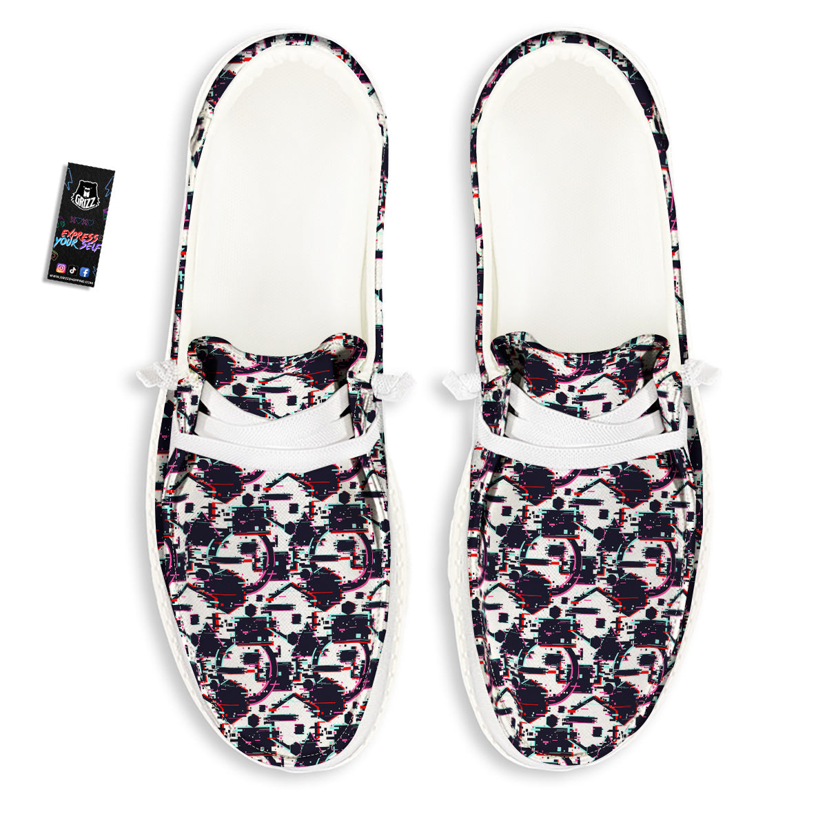 Glitch Effect Print Pattern White Loafers-grizzshop