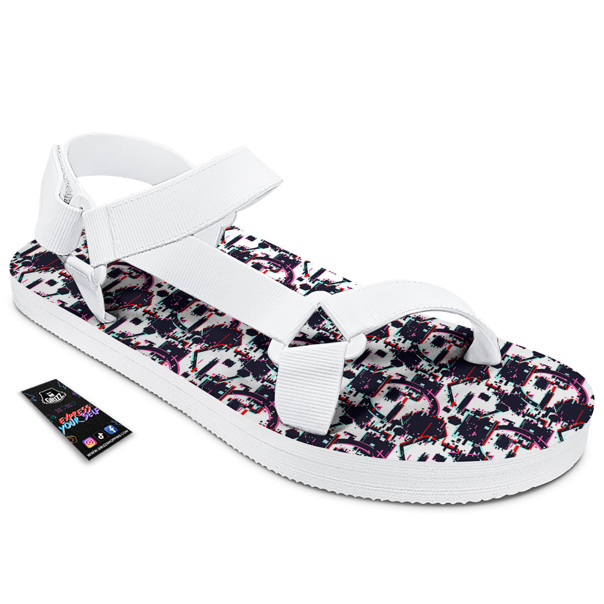 Glitch Effect Print Pattern White Open Toe Sandals-grizzshop
