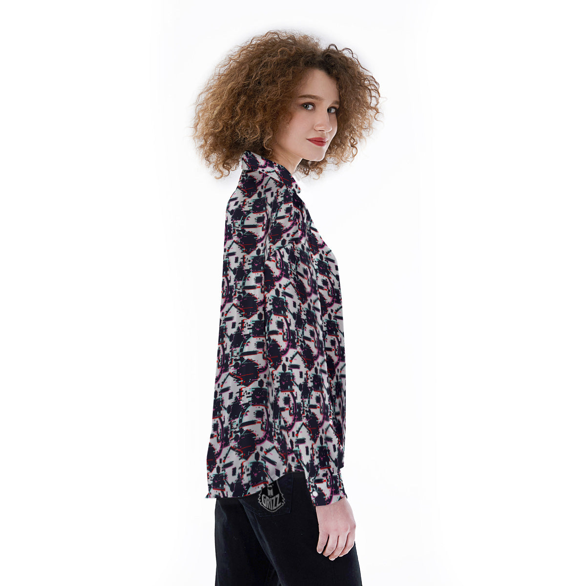 Glitch Effect Print Pattern Women's Long Sleeve Shirts-grizzshop