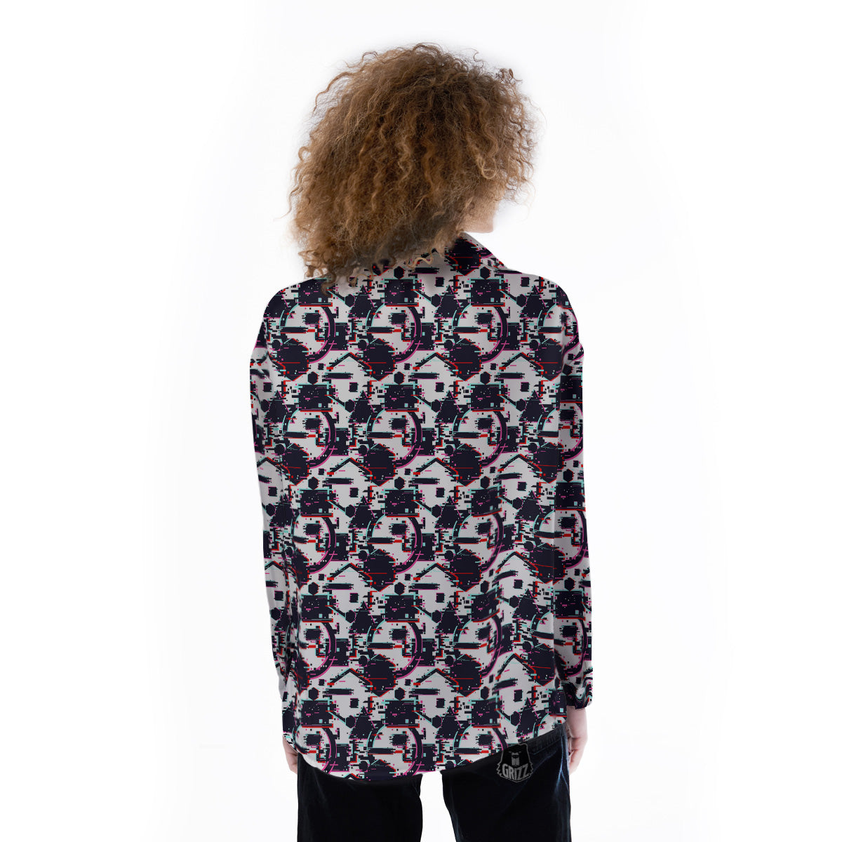 Glitch Effect Print Pattern Women's Long Sleeve Shirts-grizzshop