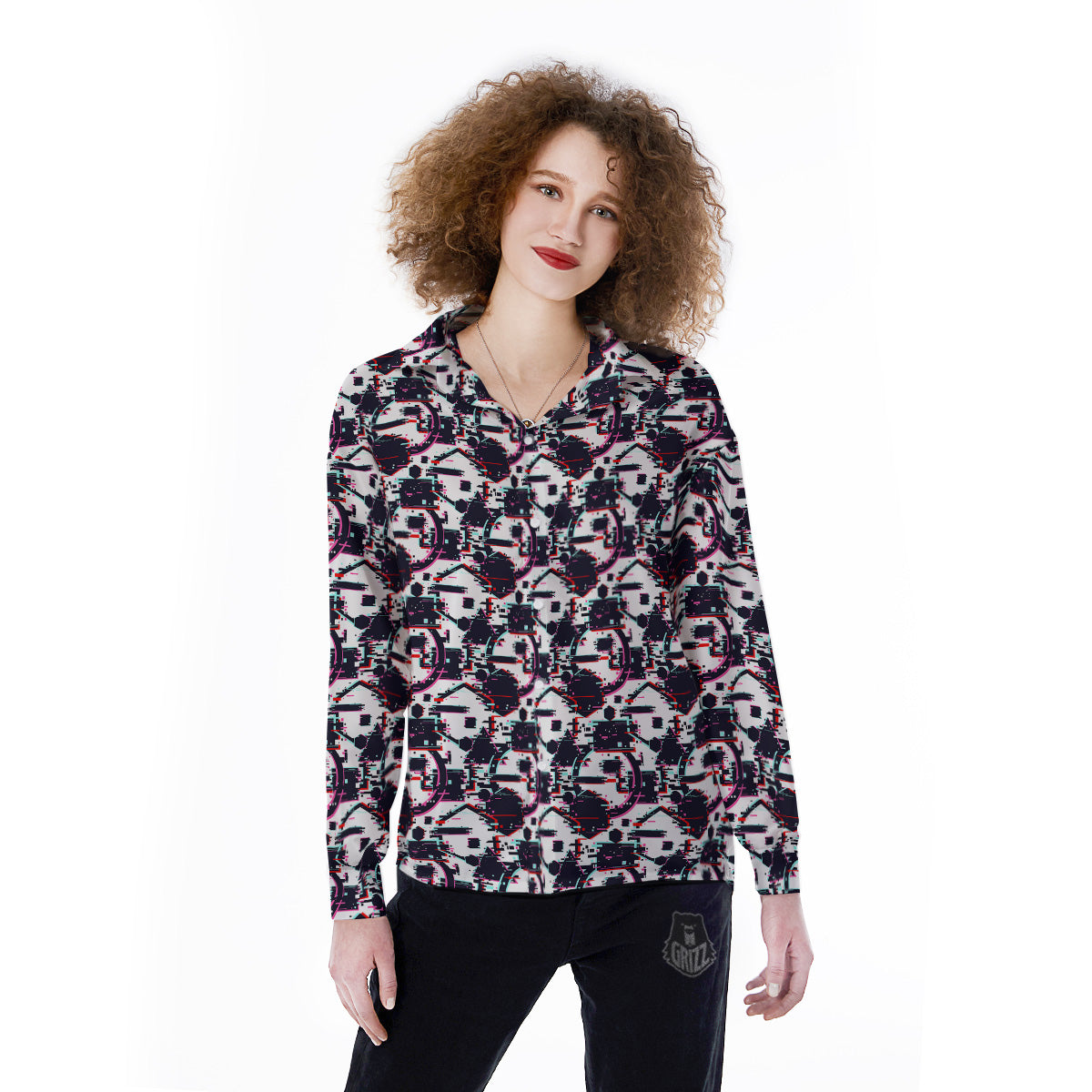 Glitch Effect Print Pattern Women's Long Sleeve Shirts-grizzshop