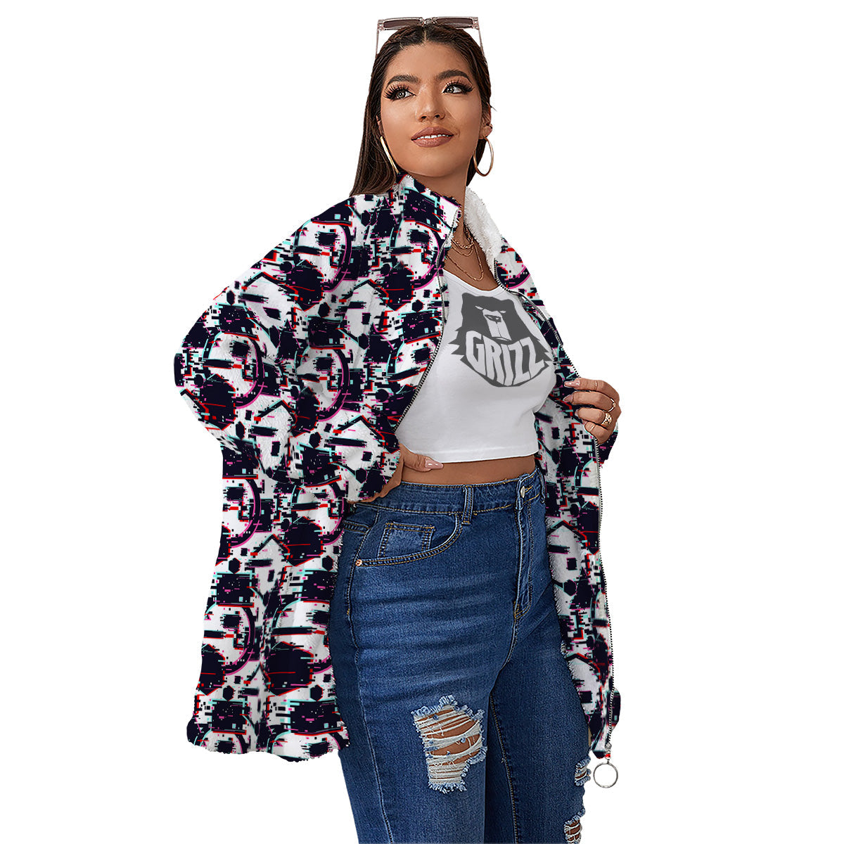Glitch Effect Print Pattern Women's Sherpa Jacket-grizzshop