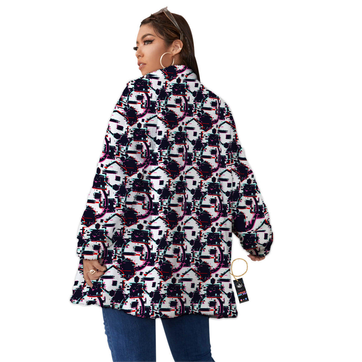 Glitch Effect Print Pattern Women's Sherpa Jacket-grizzshop