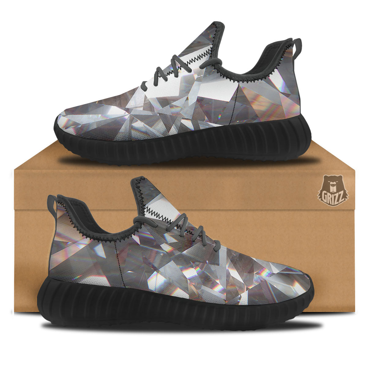 Glitter Artwork Diamond Print Black Walking Shoes-grizzshop