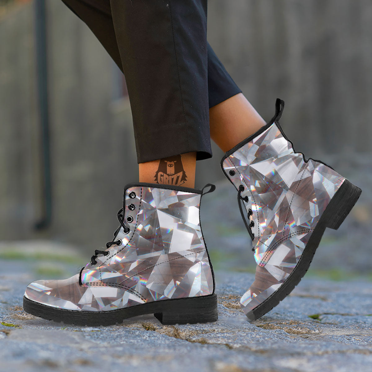 Glitter Artwork Diamond Print Leather Boots-grizzshop