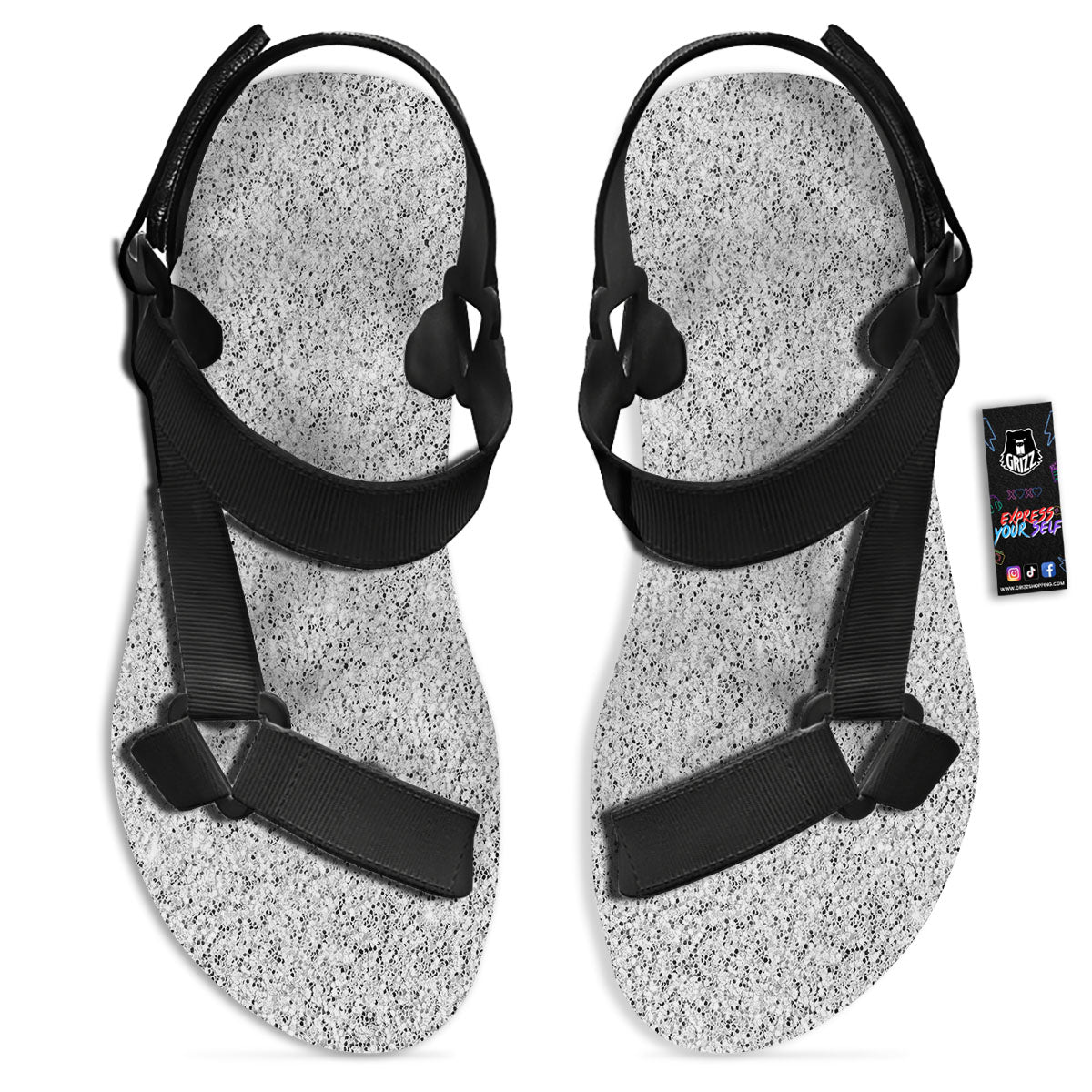 Glitter Artwork Light Silver Print Black Open Toe Sandals-grizzshop