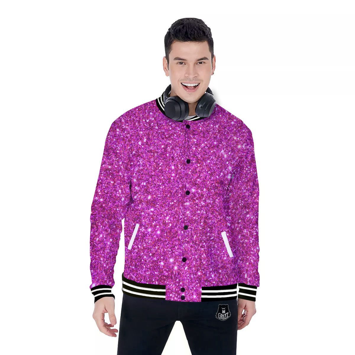 Glitter Artwork Magenta Pink Print Baseball Jacket-grizzshop