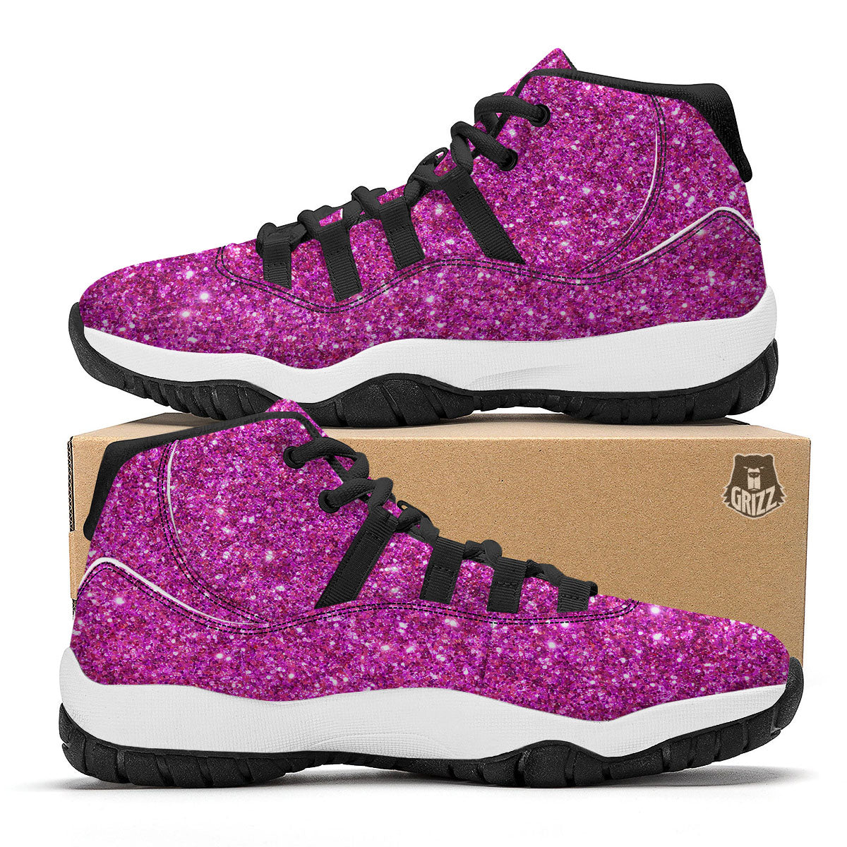 Glitter Artwork Magenta Pink Print Black Bball Shoes-grizzshop