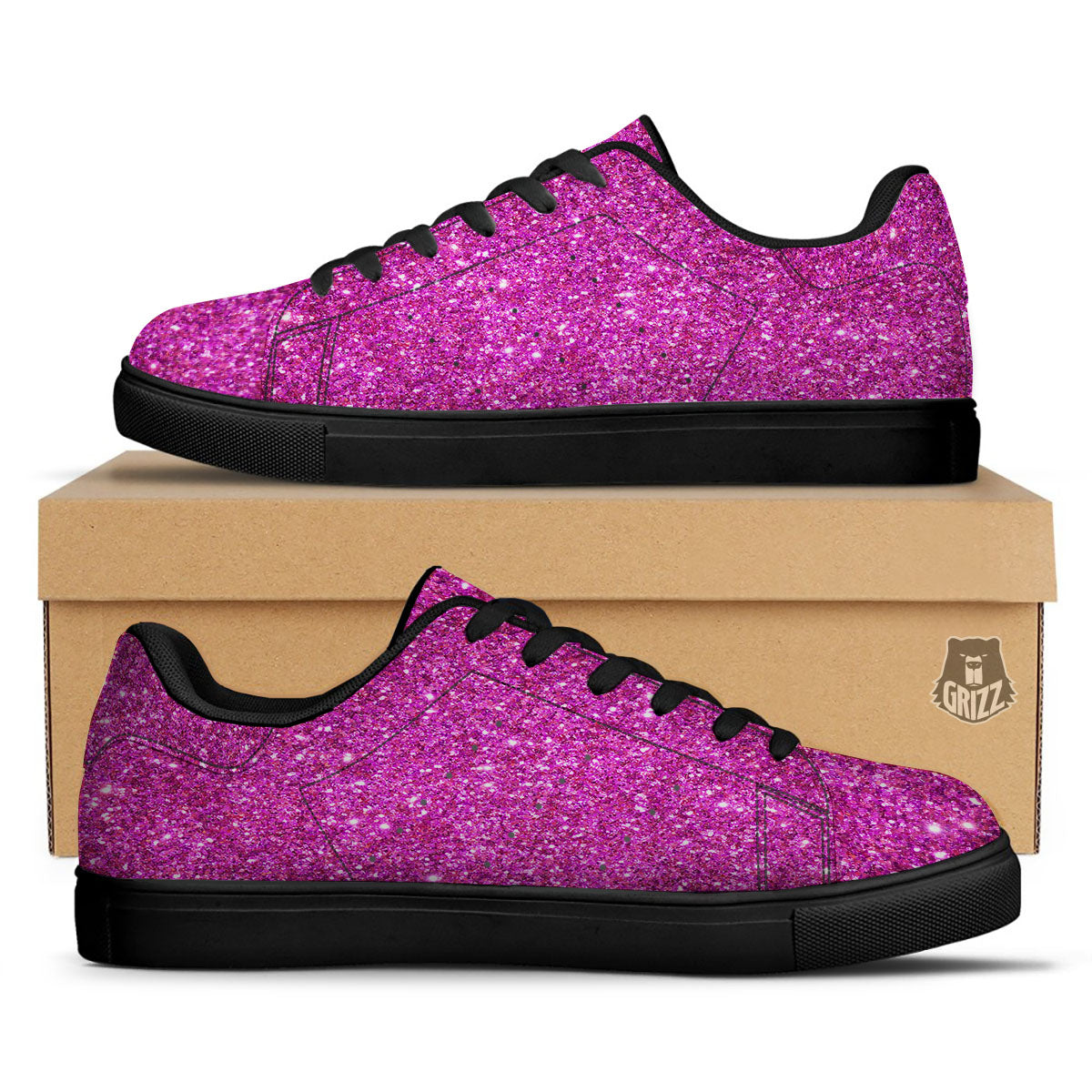 Glitter Artwork Magenta Pink Print Black Low Top Sneakers-grizzshop
